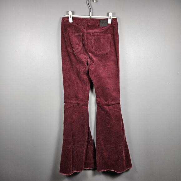 Lucky & Blessed Burgundy Corduroy High Rise Extreme Flare Raw Hem Pants Women’s - Picture 3 of 10
